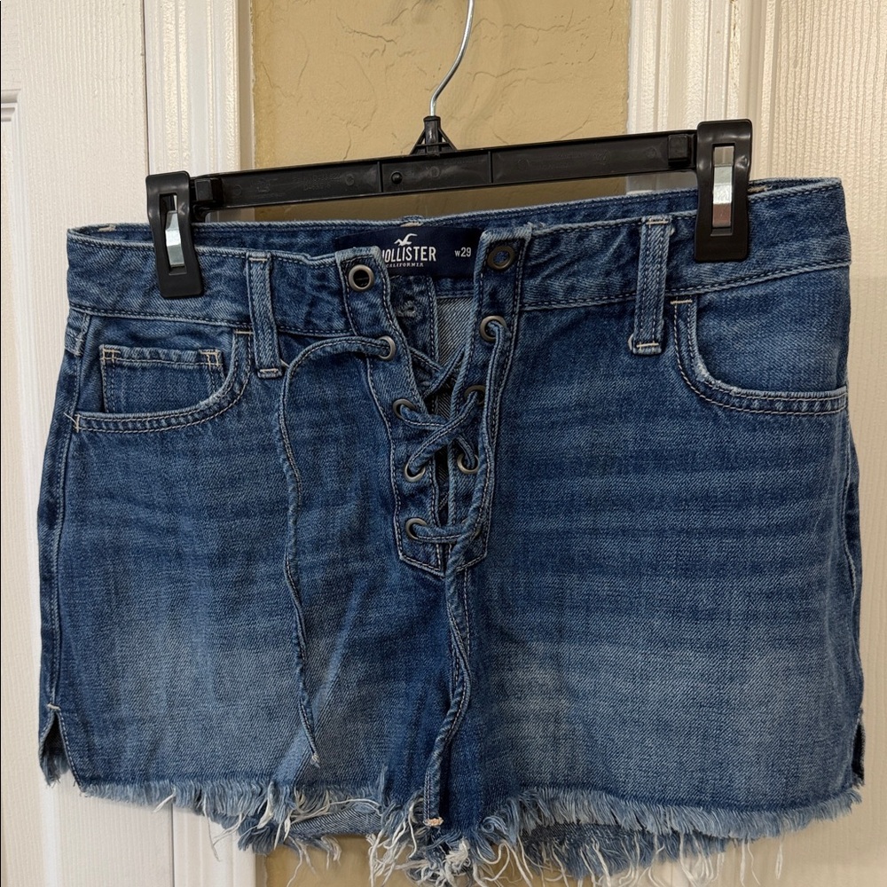 Hollister Lace-Up Blue Denim Shorts with Frayed Hem